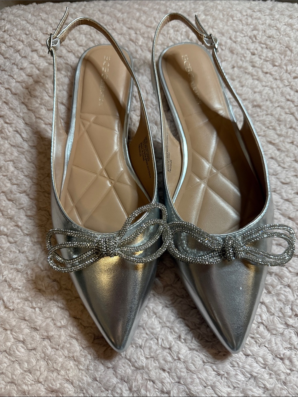 BCBG Metallic Silver Pointed Slingback Flats with Crystal Bow